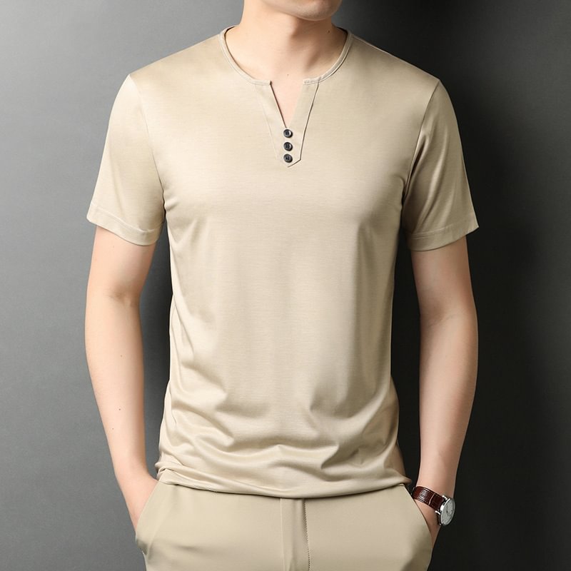 Champagne Silk T-shirt Men's Short-sleeved Top With Buckles