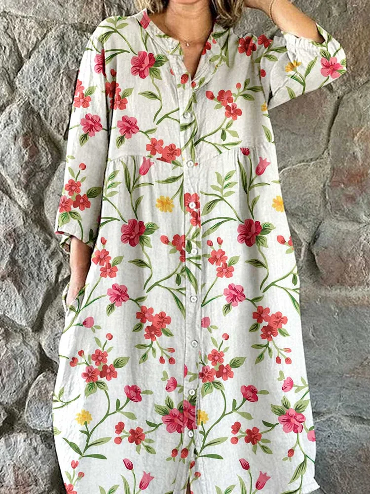 Women's Resort Art Floral  Pattern Cotton Shirt Dress