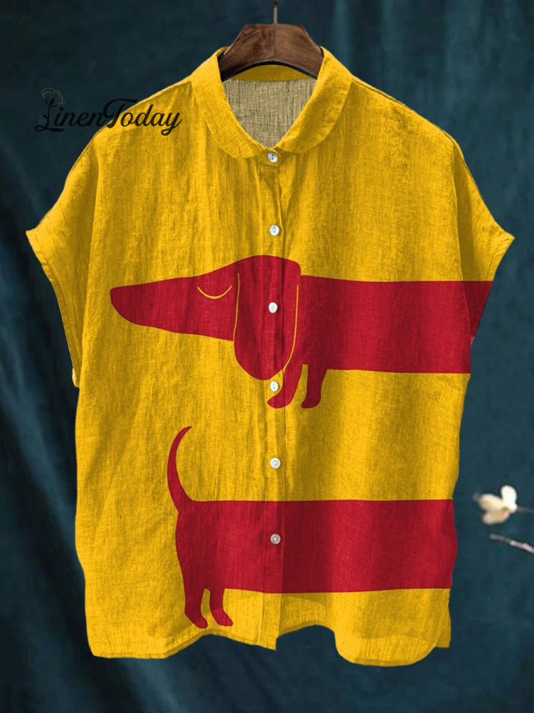 Women’s Cute Animal Fun And Colorful Dogs Dachshund Vintage Print Casual Cotton Linen Shirt