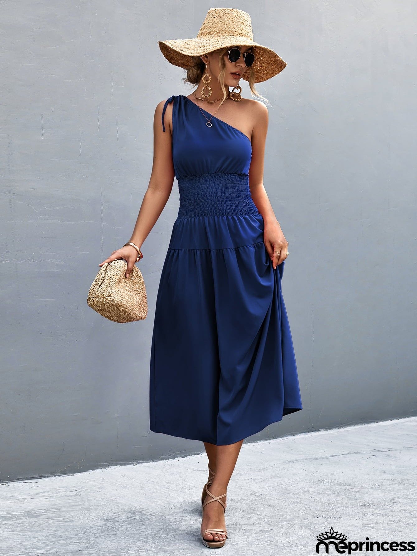 Asymmetrical One Shoulder Smocked Waist Midi Dress