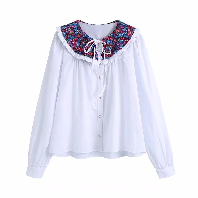 Za 2021 White Ruffle Shirt Woman Long Sleeve Button Up Autumn Blouse Female Elegant Fitted Print Shirts Fashion Bow Tops