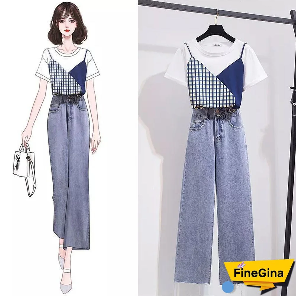 Casual Tee+High Waist Straight Jeans P10639