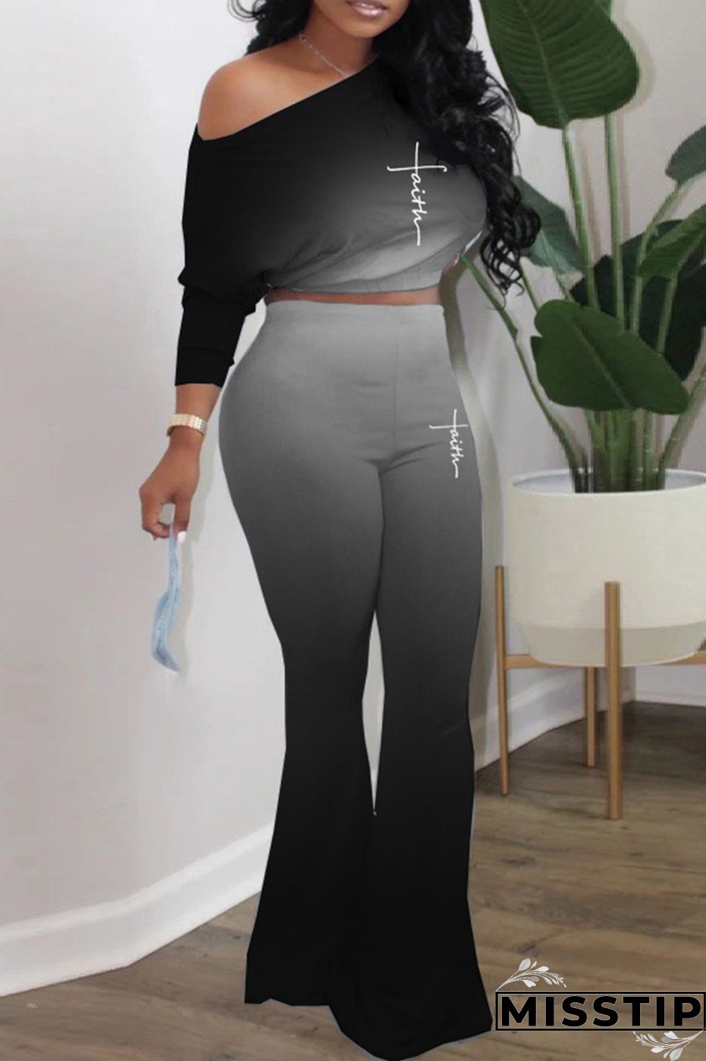 Fuchsia Casual Gradual Change Print Basic Oblique Collar Long Sleeve Two Pieces