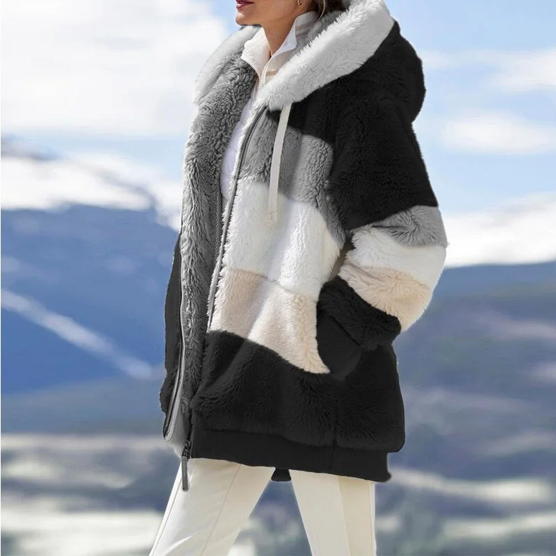 Winter Coat For Women Fur Zipper Pocket Hooded Jacket Plush Long Sleeve Female Cashmere Chaqueta Mujer Doudoune Femme