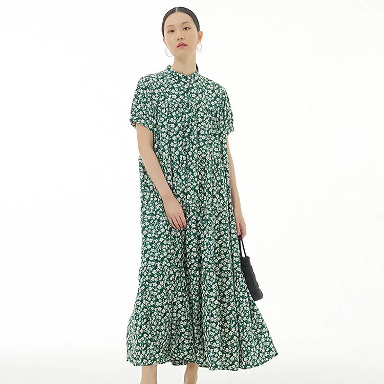 Vintage Loose Half Stand Collar Floral Printed Folds Short Sleeve Dress