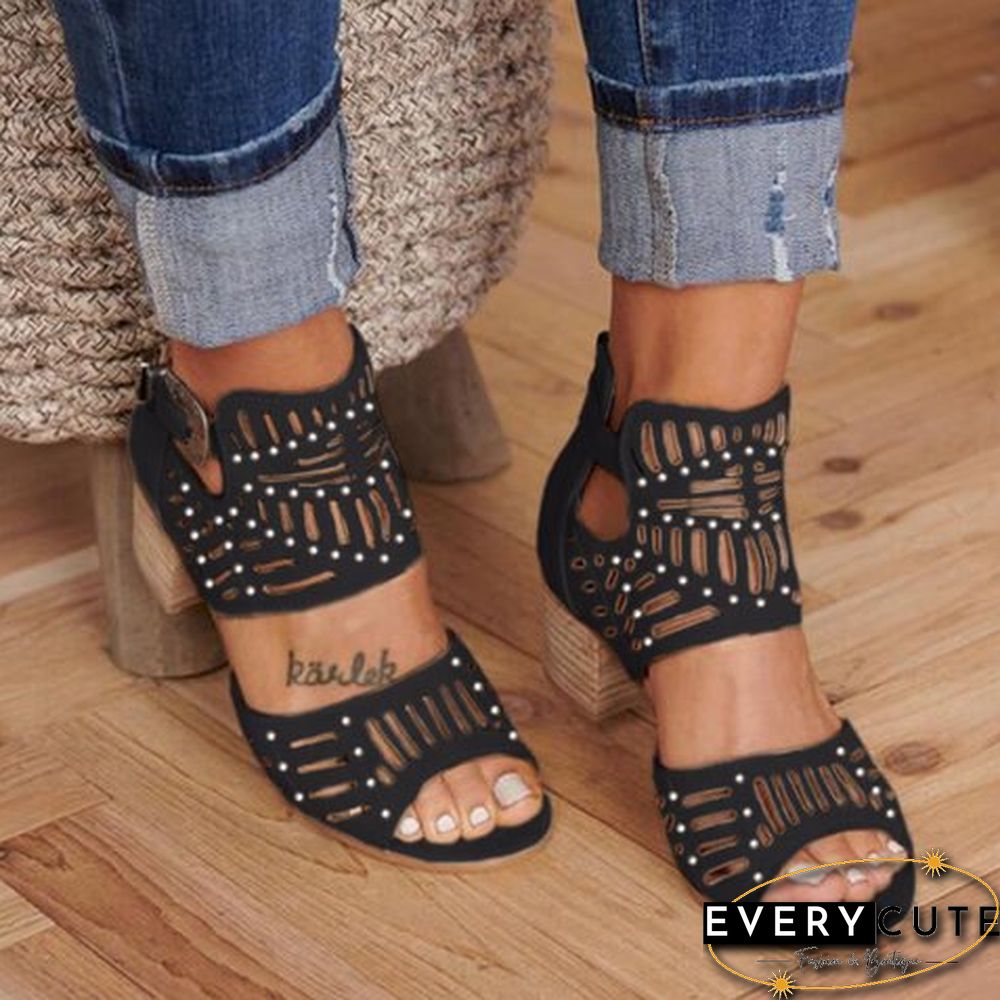 Womens Sandals-Summer High Heels Crystal Mid Heel Slip-On Buckle Ladies Shoes Peep Toe