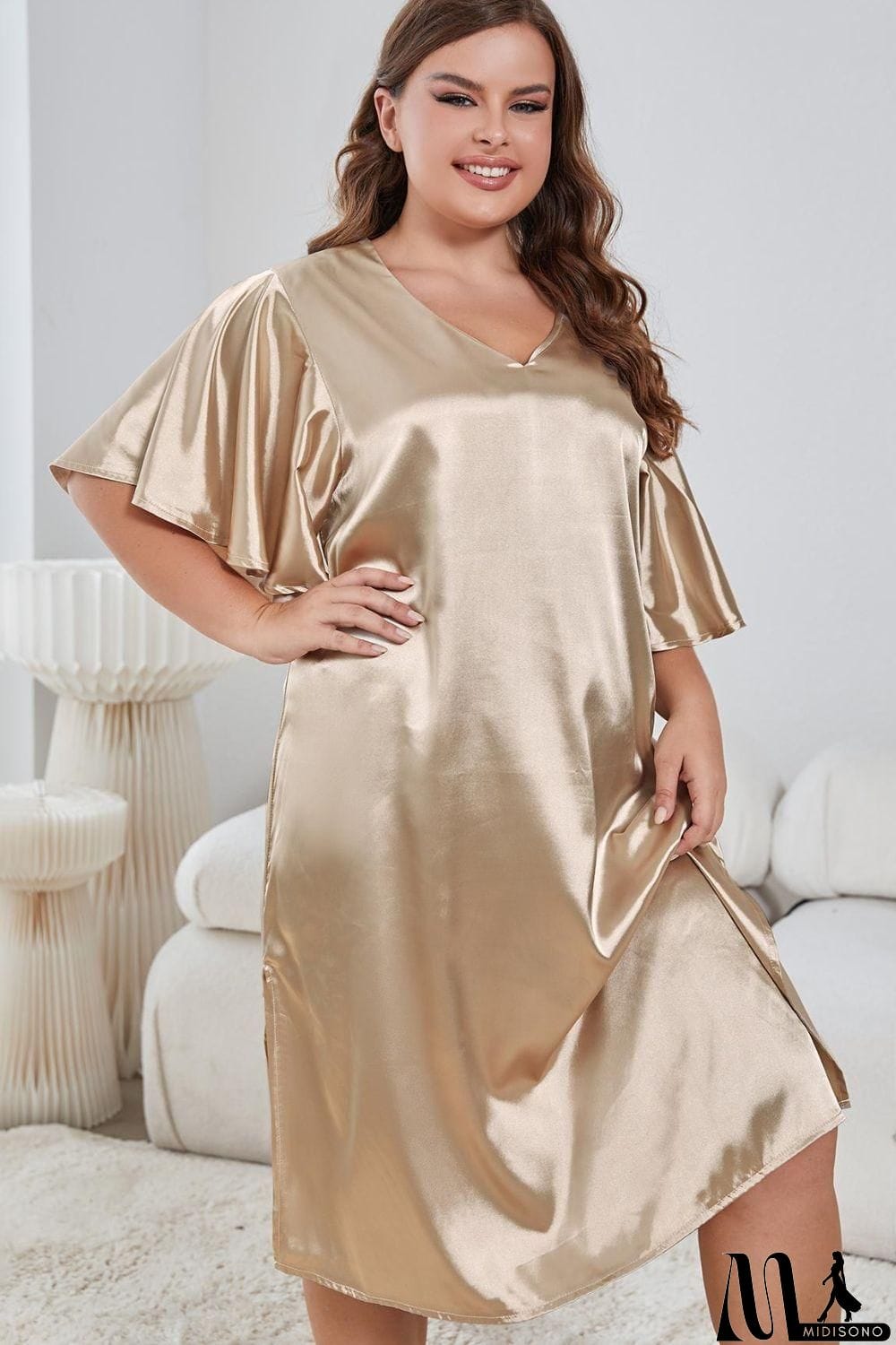 MidiSono - Plus Size Flutter Sleeve V-Neck Side Slit Night Gown