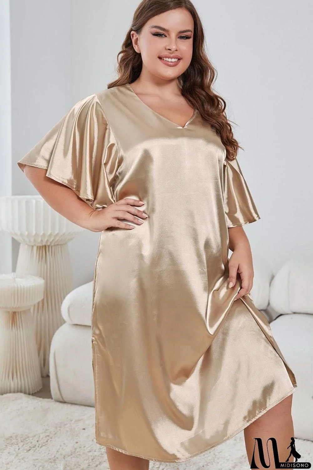MidiSono - Plus Size Flutter Sleeve V-Neck Side Slit Night Gown
