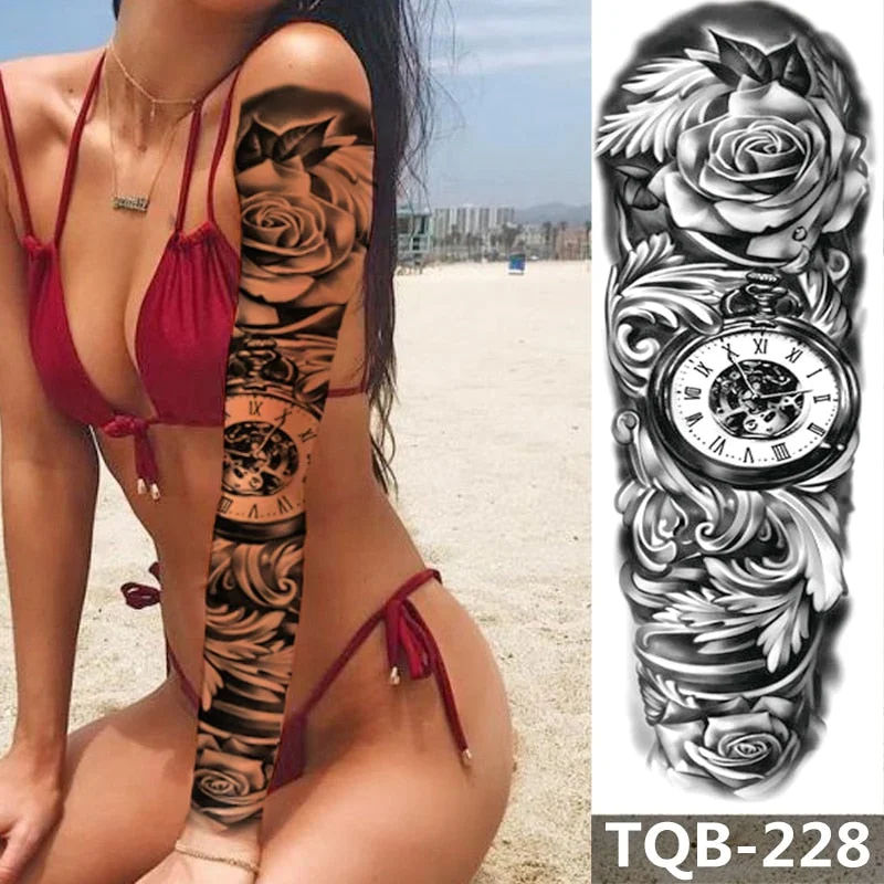 1 Sheets Full Arm Temporary Tattoos Sleeve Stickers, Flower Clock Lion Temporary Tattoo for Men Women Adults Fake Tattoos