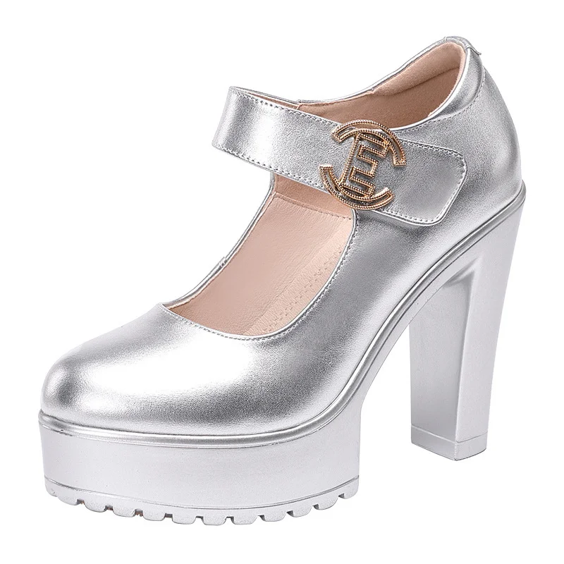 Breakj High Heel 12Cm Cheongsam Model Catwalk Shoes Women's Thick Soles Waterproof Platform Silver Round Head Stage Performance Shoes Women's Singles Shoes