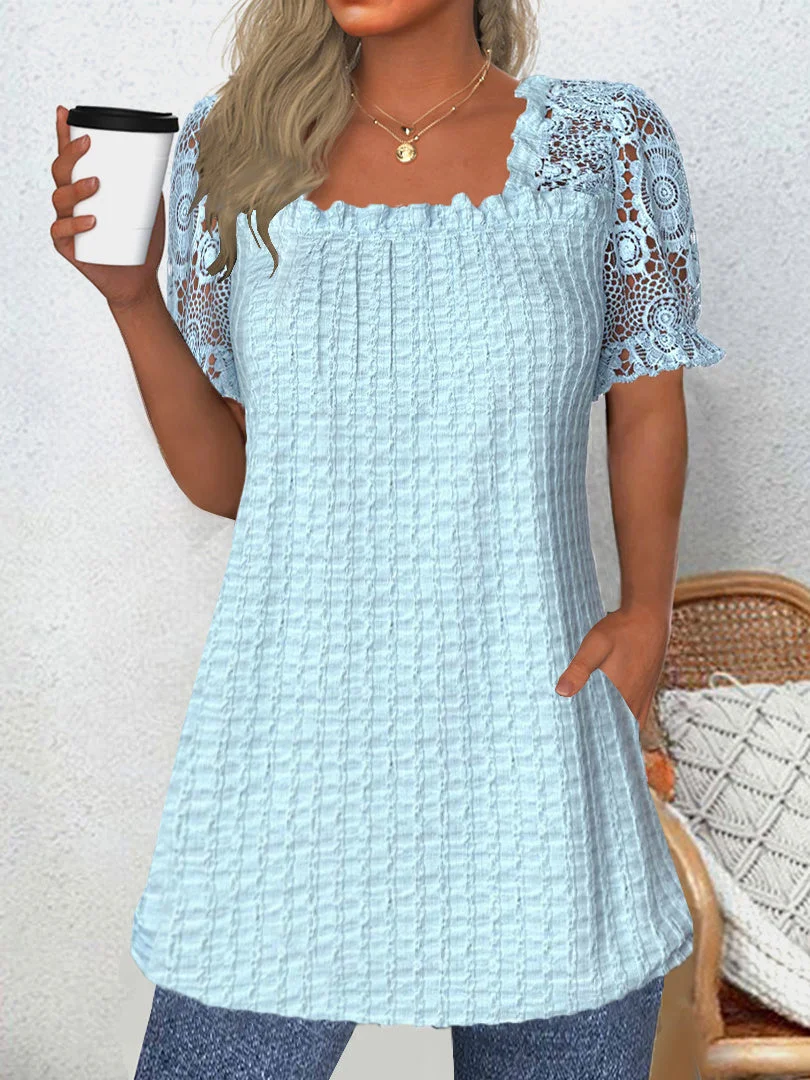 Women's Short Sleeve Square Collar Solid Color Lace Tops