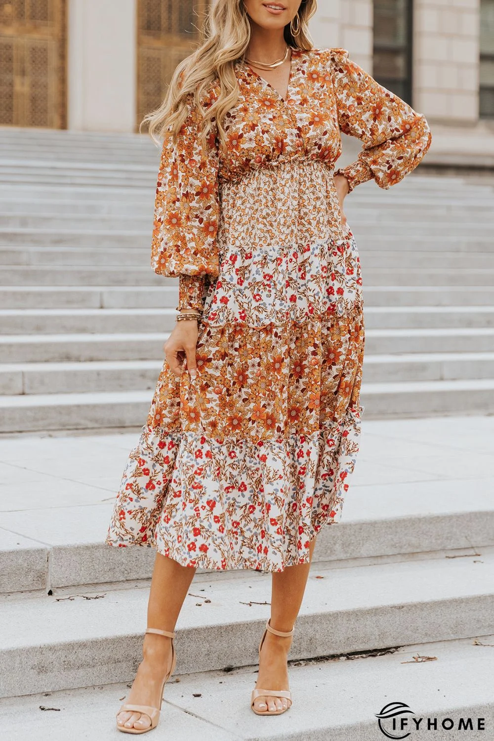 Orange Mix Floral Patchwork Frill Tiered Dress | IFYHOME