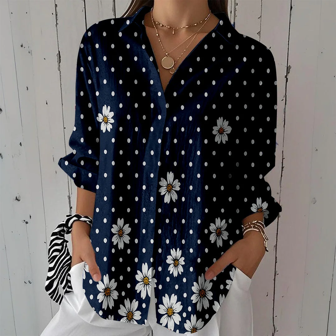 Style & Comfort for Mature Women Women Polka-Dot,Floral,Blue DZCL0319 3/4 Sleeve Shirt Collar Printed Button Tops