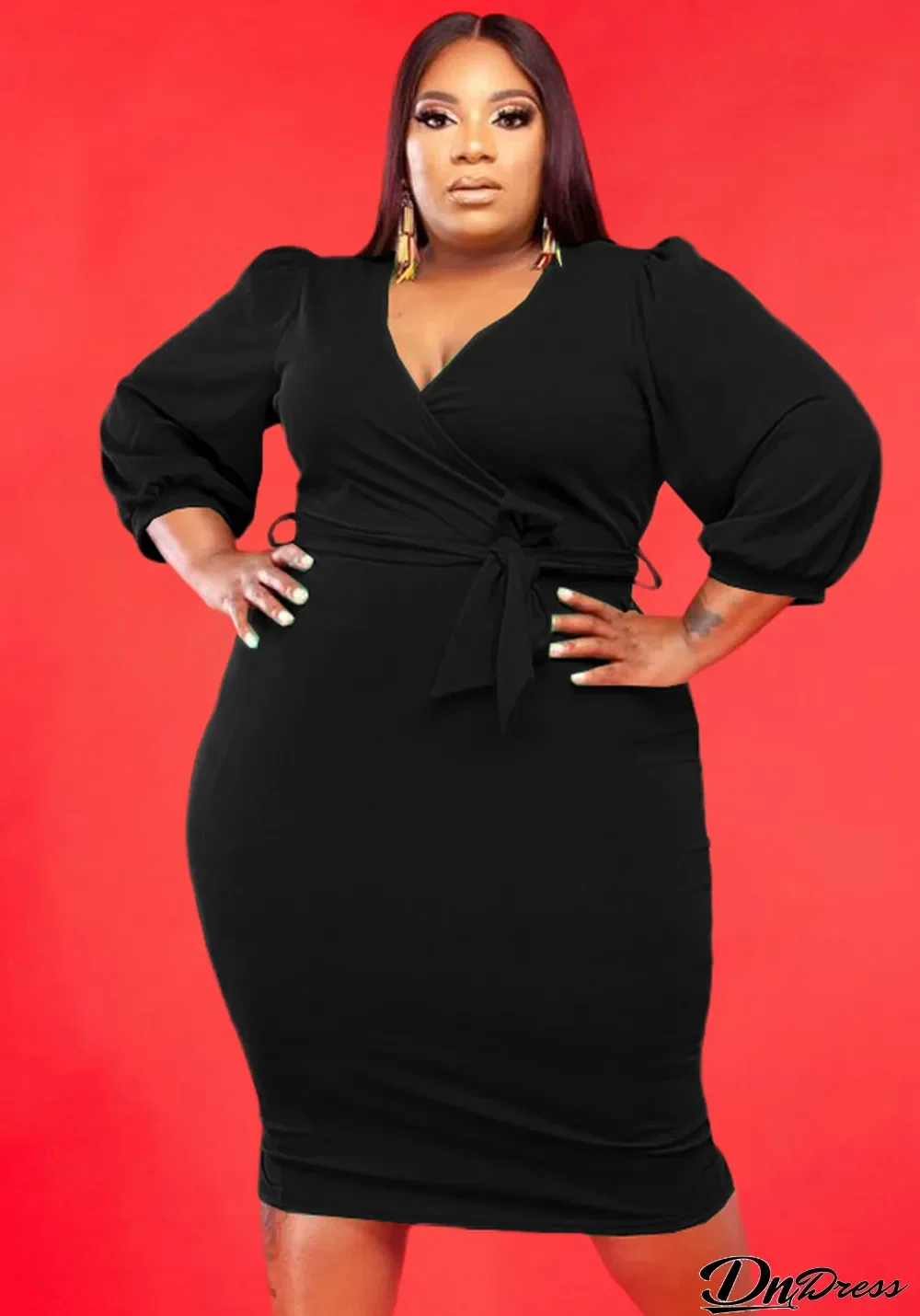 Women Spring Black Wrap V-neck Puff Full Sleeve Belted Plus Size Midi Dress