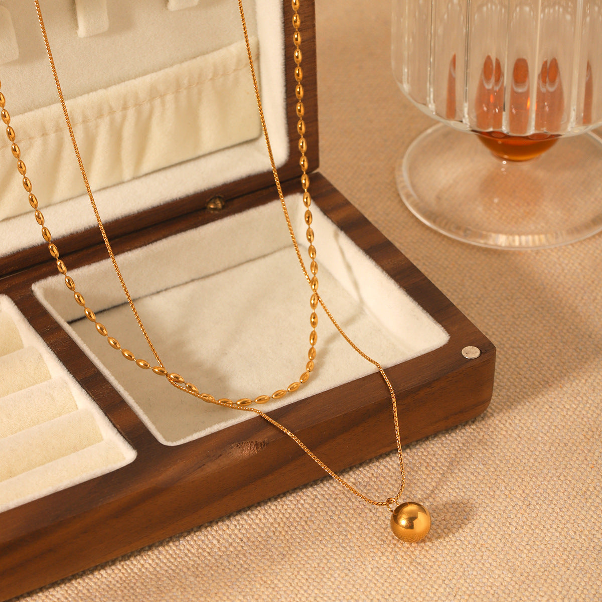 Double-Layer Stainless Steel Necklace Oval Bead Chain Twisted Chain Small Gold Ball Pendant Necklace Titanium Steel Necklace