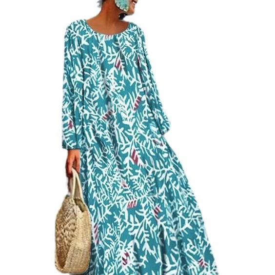 Uveng Uveng 2025 Summer New Women's Ebay Digital Print Long-Sleeved Dress Casual Long Dress