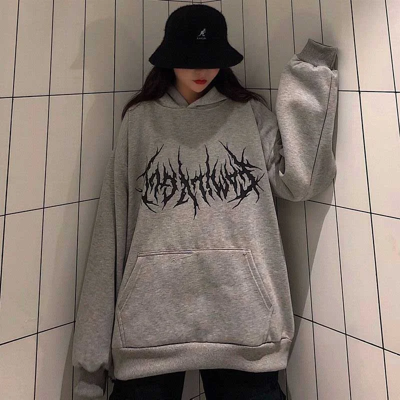 NiceMix Gothic Printed Long Hoodies Women Streetwear Hooded Long Sleeve Oversized Sweatshirt Autumn Winter White Pullover 2020