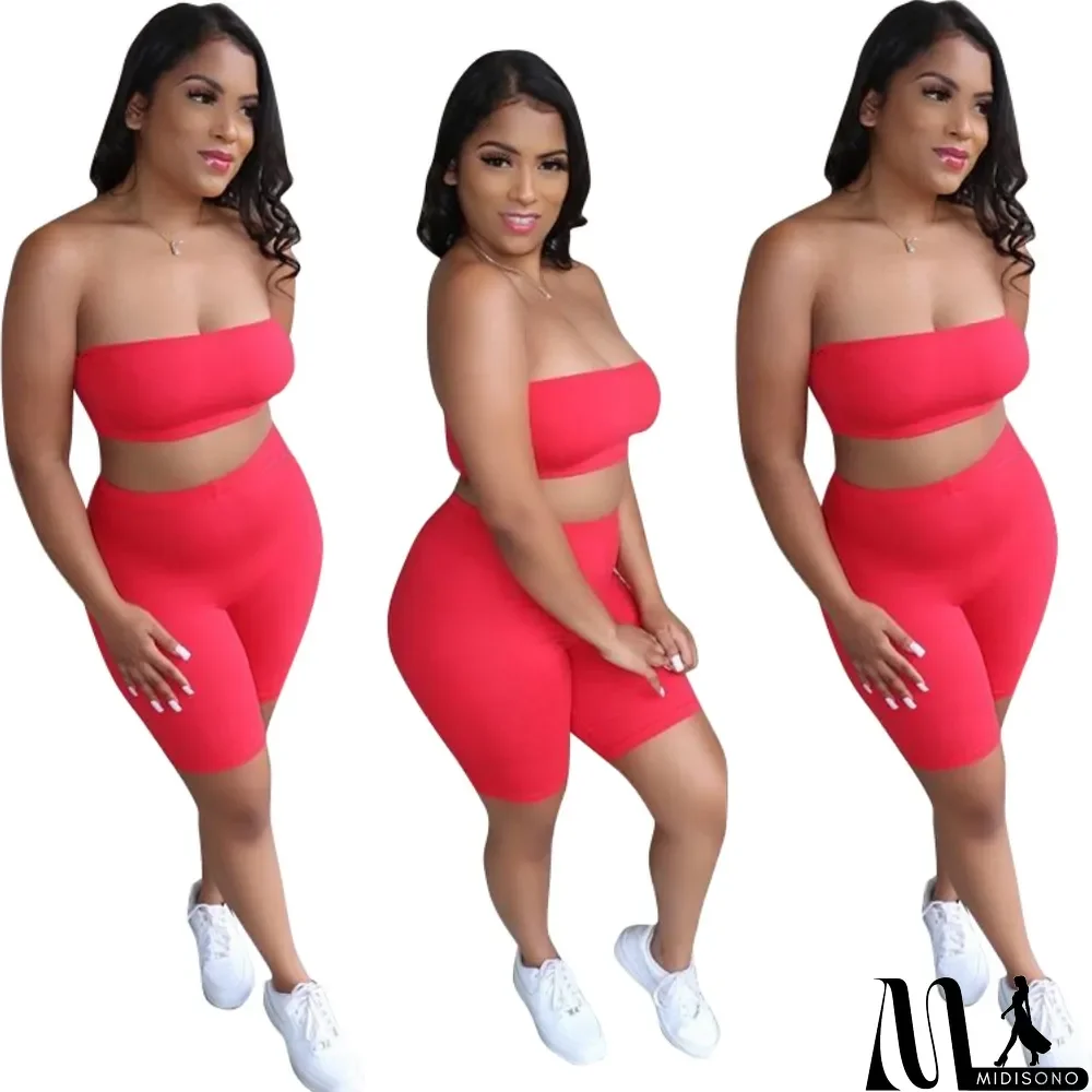 MidiSono - Summer Plain Sexy Bandeau Bra and Shorts Set