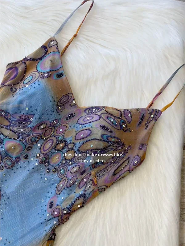 Sequinned Flower Embroidered Gradient Color Sleeveless Spaghtti-Neck Evening Maxi Dresses