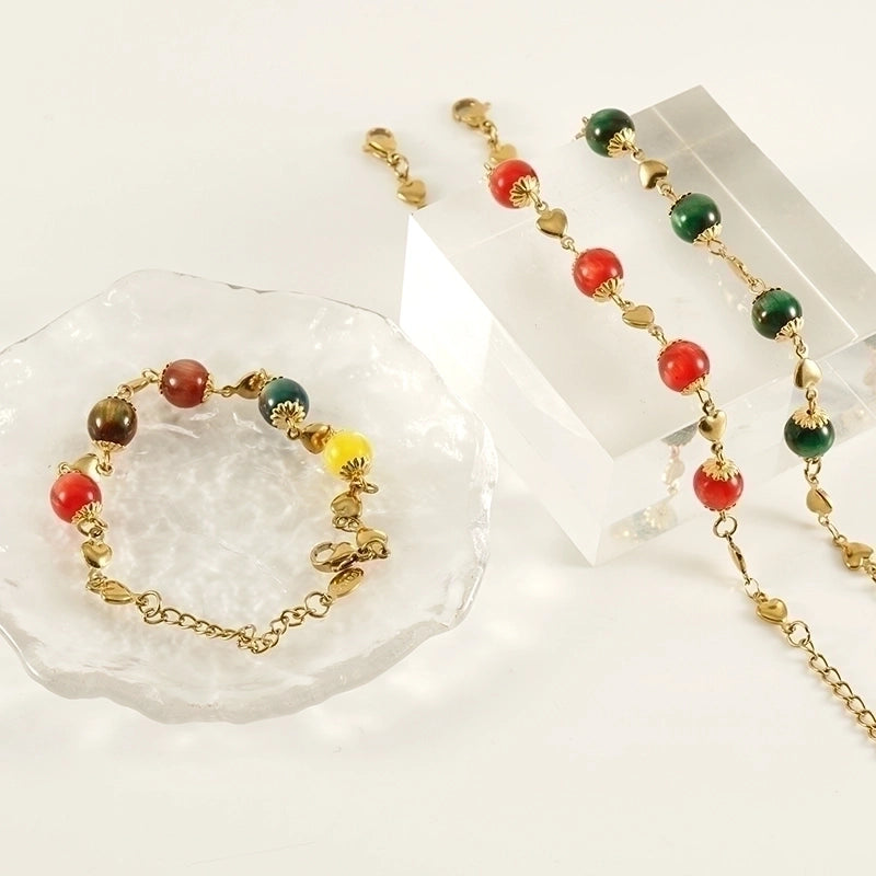 Retro Round 304 Stainless Steel 18K Gold Plated Beads Bracelets In Bulk