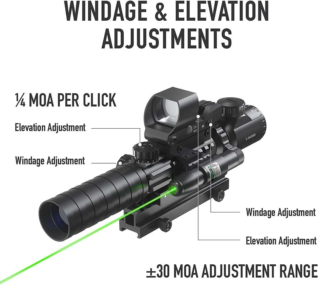 ohhunt® Rifle Scope Combo, 3-9x32 Rangefinder Scope, Red & Green Dot Sight, Laser