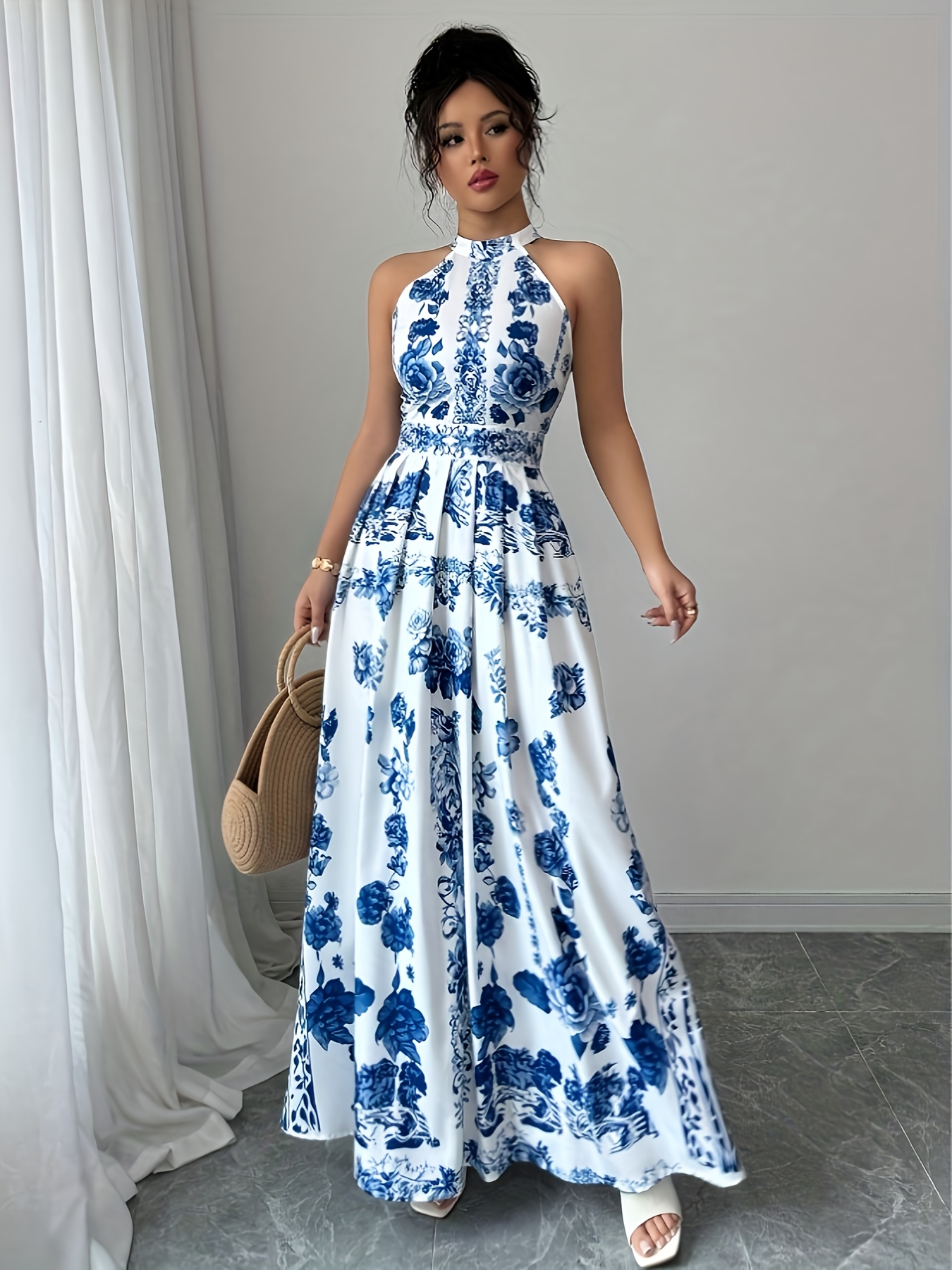 Elegant Floral Print Halter Maxi Dress For Women - Sleeveless, High-Low Hem, Lightweight Polyester, Perfect For Summer Holiday & Beach Outings, Blue & White Floral Pattern, Knee-Length, Vacation Style | Halter Neck Dress | Lightweight Fabric | IFYHOME