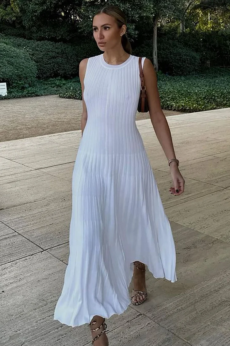 Knit Round Neck Sleeveless Pleated A-Line Maxi Dress