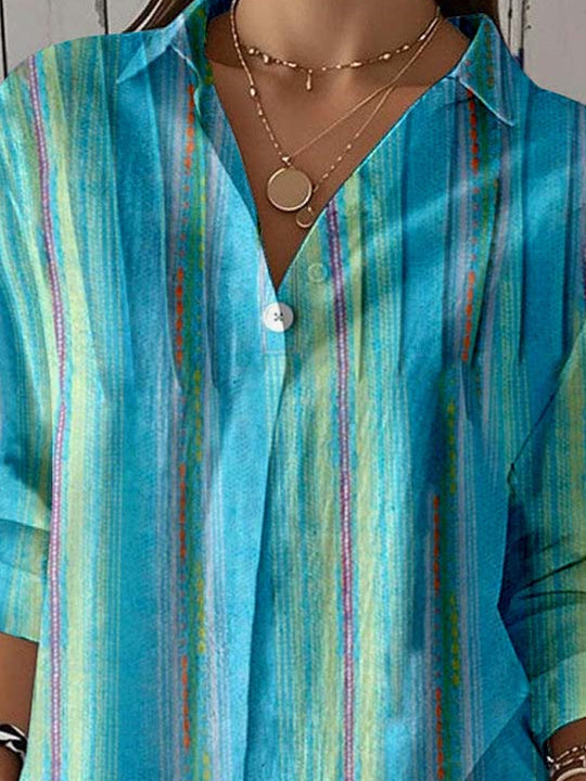 Women 3/4 Sleeve Shirt Collar Striped Printed Graphic Button Tops