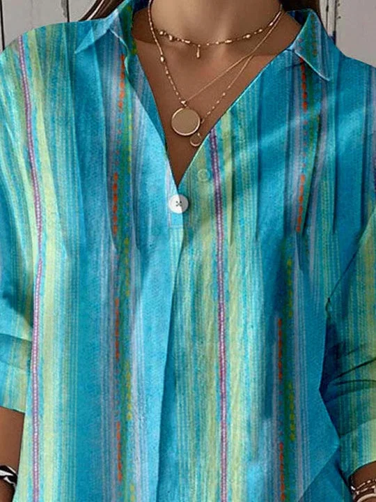 Women 3/4 Sleeve Shirt Collar Striped Printed Graphic Button Tops