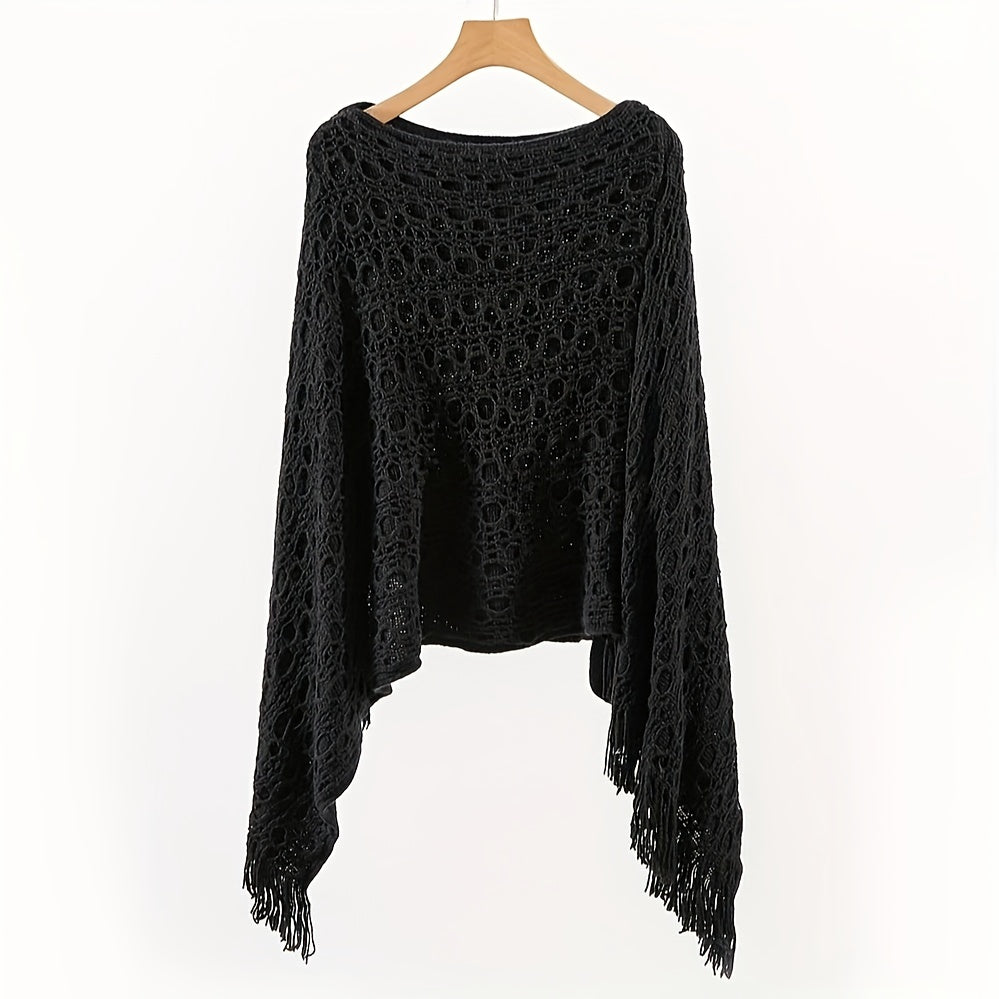 Knit Hollow Out Pullover Poncho Solid Color Tassel Double-layer Outside Wrap Shawl Stylish