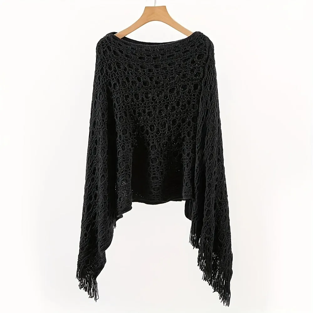 Knit Hollow Out Pullover Poncho Solid Color Tassel Double-layer Outside Wrap Shawl Stylish