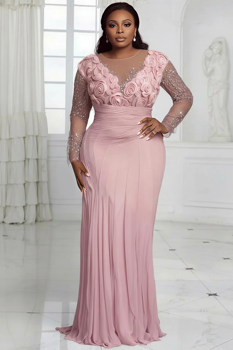 Xpluswear Design Plus Size Formal Chiffon Pink Round Neck Long Sleeve 3D See Through Sequin Maxi Dresses [Pre-Order] 2024 - Xpluswear