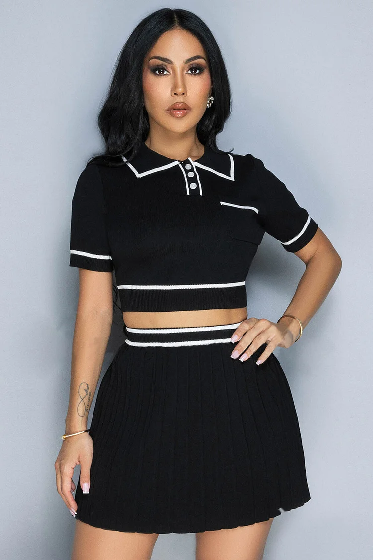 Contrast Piping Short Sleeve Crop Top Knit Pleated Mini Skirt 2pcs Set-Black