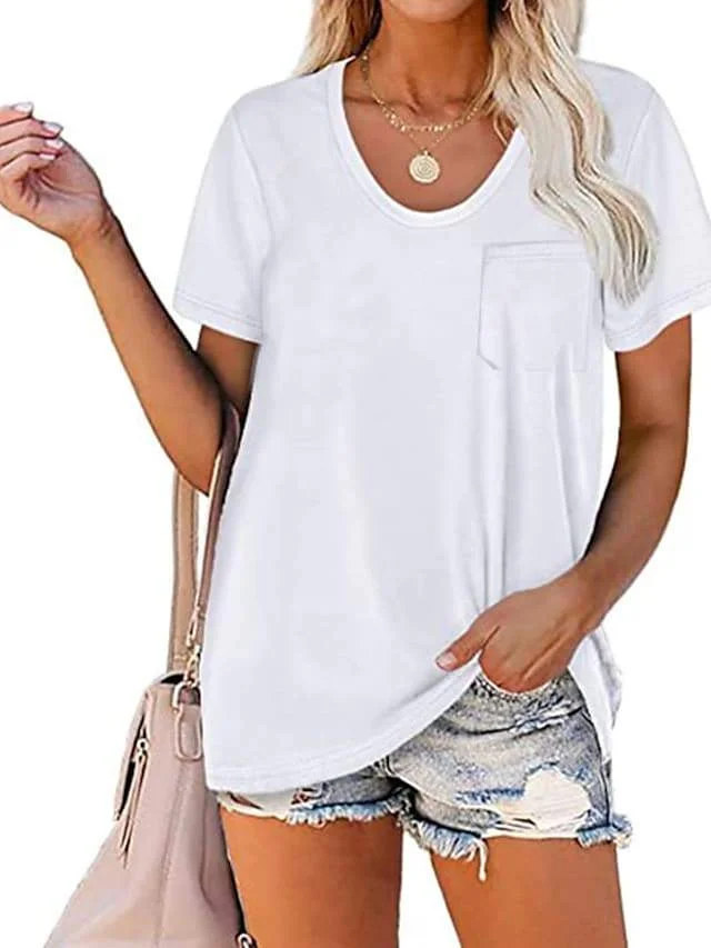 Women's Pocket-Shirt Solid Color Tee Round Neck Blouse Summer Short Sleeve Basic Top