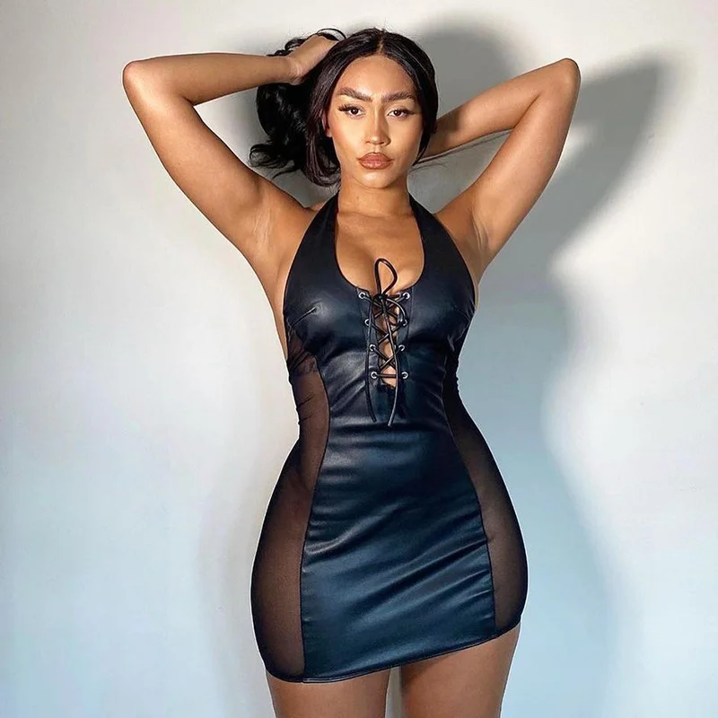 Churchf Sex Lingerie Sexy Women's Black Patent Leather Hanging Neck Ass Skirt Hollow Underwear