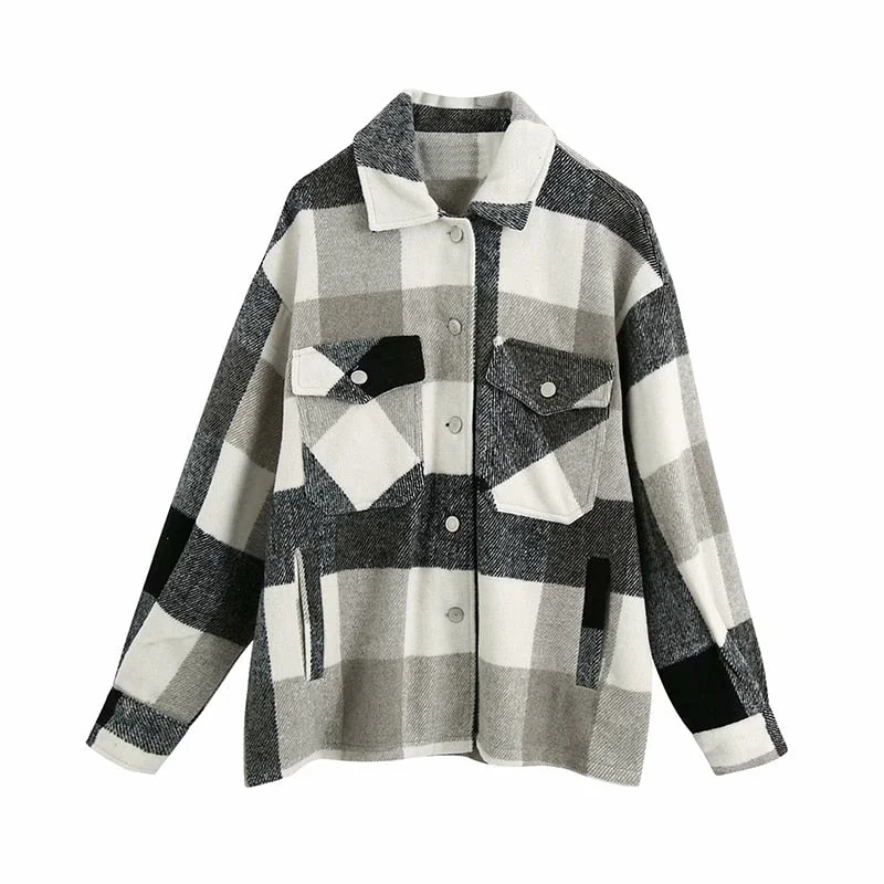 Vintage Stylish Pockets Oversized Plaid Jacket Coat Women 2021 Fashion Lapel Collar Long Sleeve Loose Outerwear Chic Tops