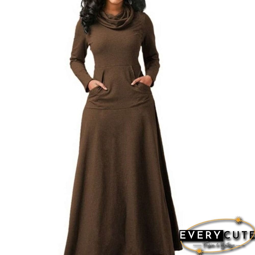 Women Warm Dress With Pocket Casual Solid Vintage Autumn Winter Maxi Dress Robe Bow Neck Long Elegant Dress