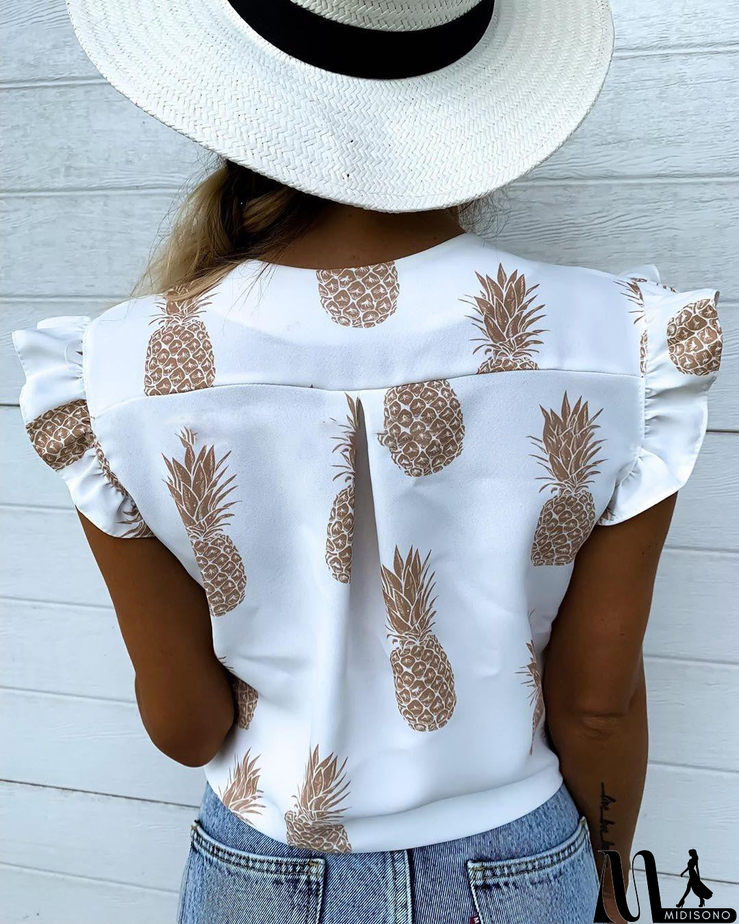 MidiSono - Printed V-Neck Casual Sleeveless Ruffled Shirt