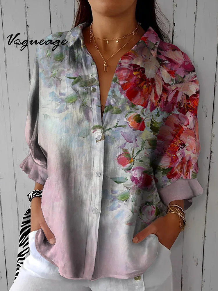 Simple Elegant And Generous Flowers Printed Cotton And Linen Shirt