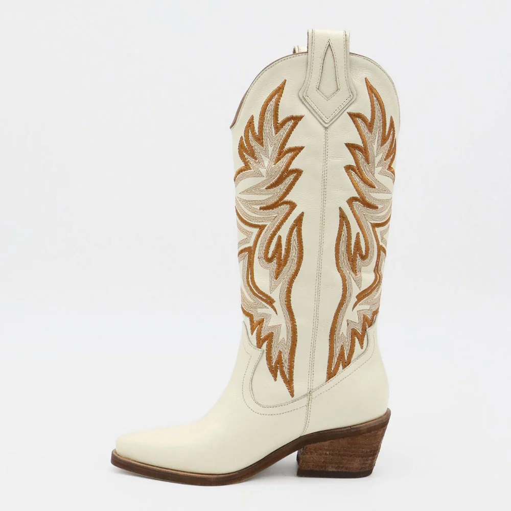Ivory Chunky Heel Embroidered Snip Toe Western Cowgirl Boots for Women