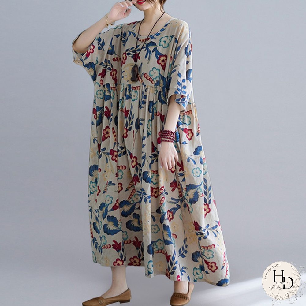 ZANZEA Women Half Sleeve Round Neck Dress Floral Print Summer Dress Casual Loose Long Dress