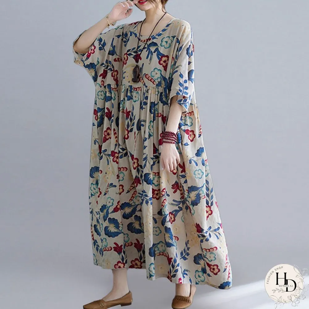 ZANZEA Women Half Sleeve Round Neck Dress Floral Print Summer Dress Casual Loose Long Dress