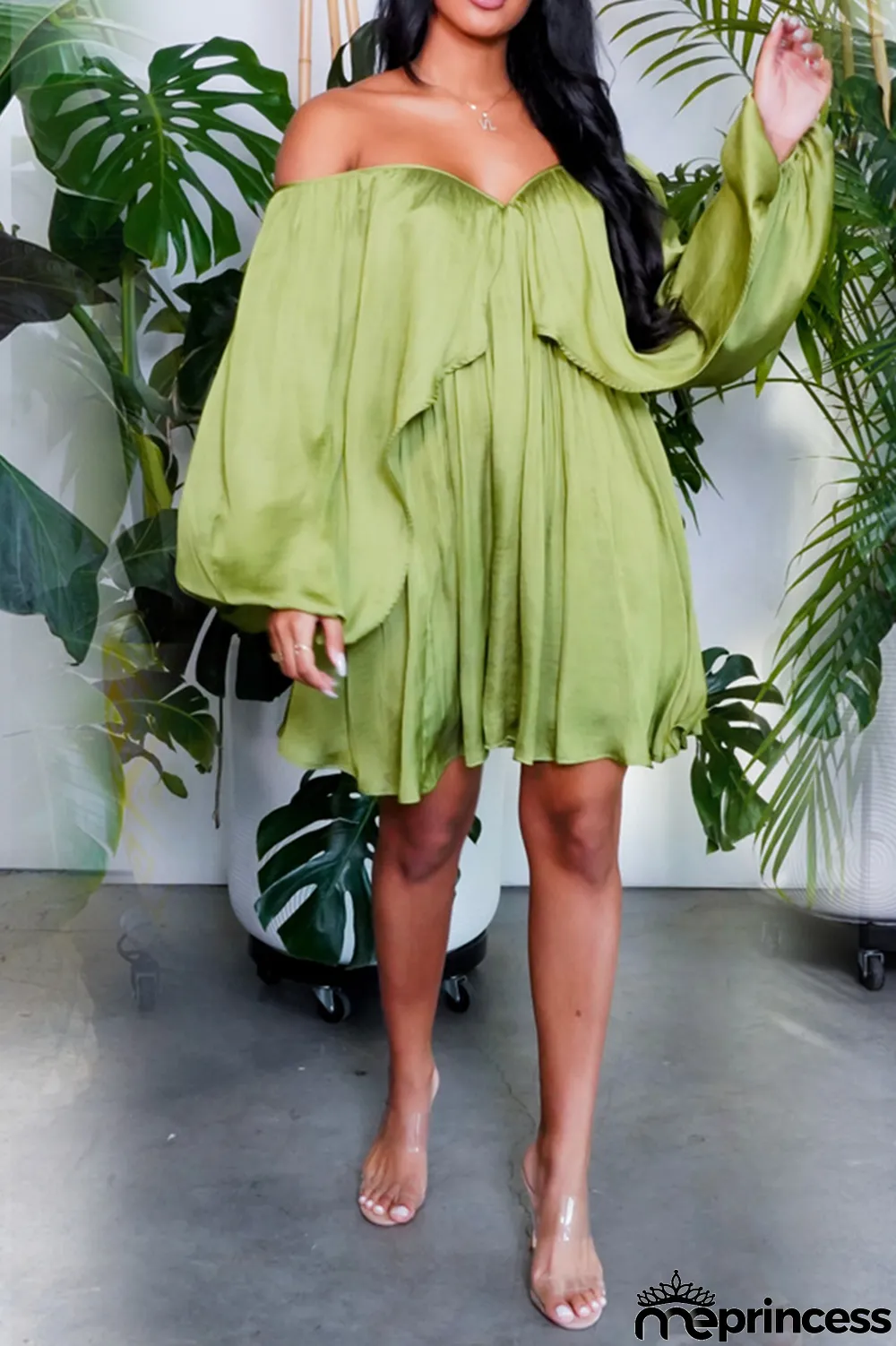 Orange Casual Solid Split Joint Off the Shoulder Cake Skirt Plus Size Dresses