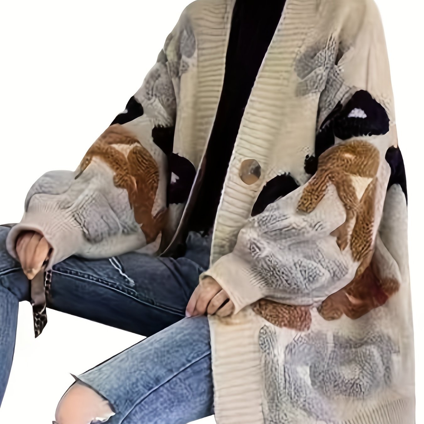 Letter Pattern Button Up Casual Long Sleeve Cardigan