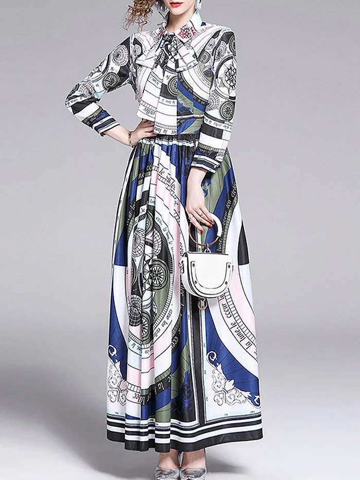 Lapel Printed Bow Big Dress