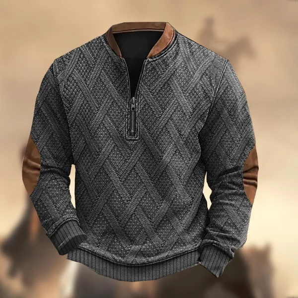 Men's Vintage Western Color Block Knitted Print Zipper Stand Collar Casual Sweatshirt