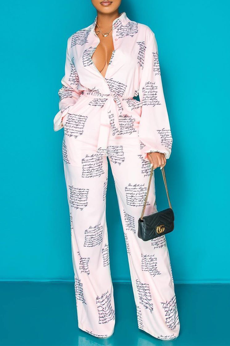 Pink Fashion Casual Turndown Collar Long Sleeve Regular Sleeve Regular Letter Print Jumpsuits | EGEMISS