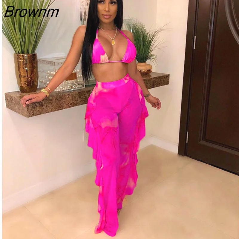 Brownm Tie Dye Print Mesh Summer Beach Two Piece Set with Panties Women Sexy Bra Halter Crop Top Ruffle Wide Leg Pants Suit