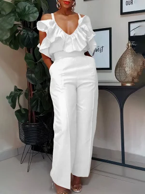 Image of High Waisted Sleeveless Pleated Pockets Ruffled Solid Color Spaghetti-Neck Jumpsuits