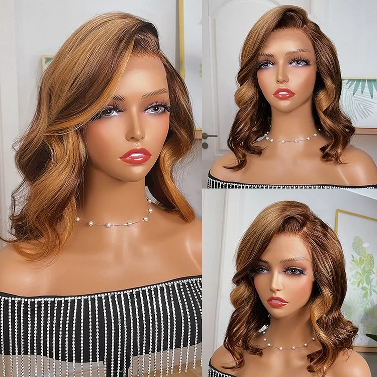 Brown Human Hair HD Lace Bob Wave Wig  | Glueless Wigs | 100% Real Natural Human Hair Wigs | Short Wig